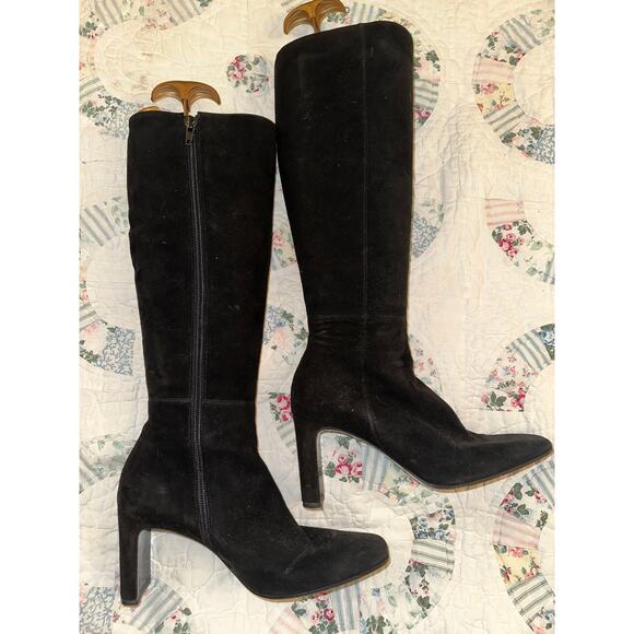 VINTAGE 80s 90s RICHARD TYLER BLACK SUEDE HIGH HEEL BOOTS 8 - Picture 2 of 11